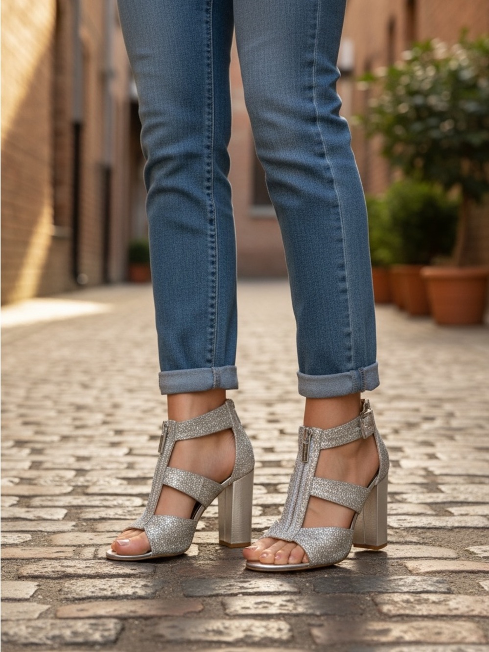 Michael Kors Silver Glitter Strappy Block-Heel Sandals